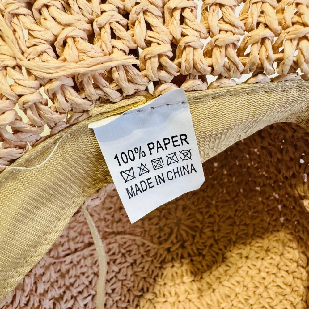 Sun Hat Tan‎ Pink Woven Paper Straw Wide Brim Fringed Edge Boho Beach Summer